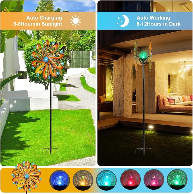 Wind Spinners for Yard and Garden - Wind Sculptures & Spinners 75 in Garden Kinetic Art with Solar Powered Multi-Color Glass Ball Light - Gradient Brown
