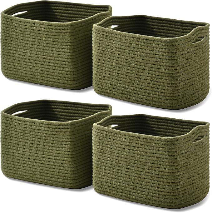 Storage Basket for Shelves, Small Baskets for Organizing, Woven Cotton Rope Baskets for Storage, Book Basket, Decorative Shelf Basket, 12.5"Lx9.1''Wx7.9''H (4 Packs) Green