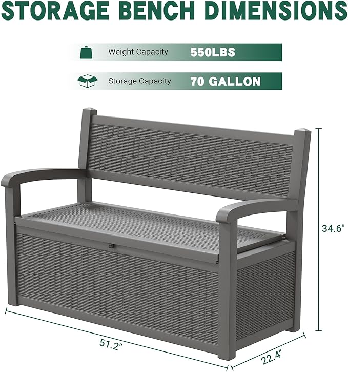 70 Gallon Outdoor Storage Bench Deck Box Lockable for Patio Furniture, Outdoor Porch Bench with Storage Waterproof for Cushions, Garden Tools and Pool Supplies, Grey