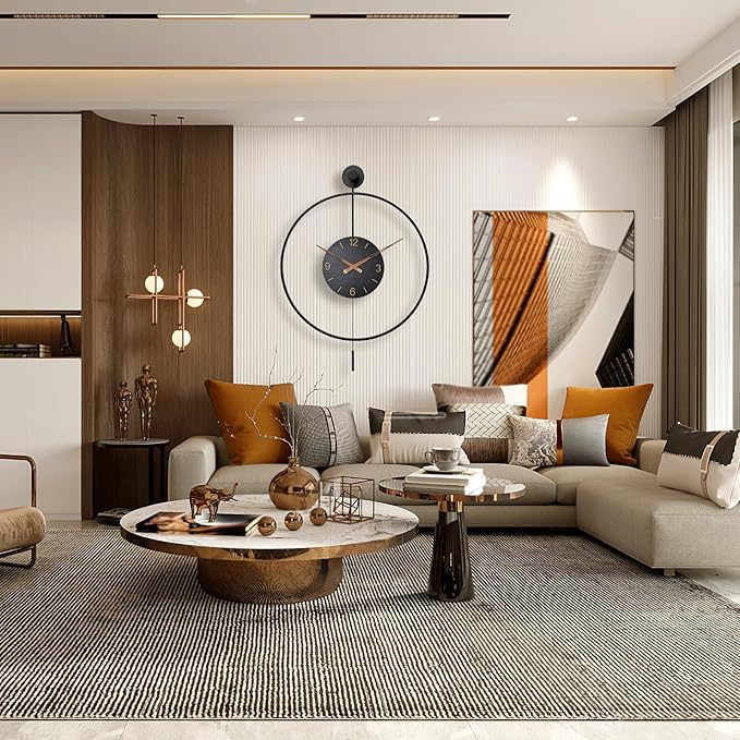 Large Modern Wall Clock,34.6×24 Inch Big Metal Minimalist Arabic Numeral Dial,Decorative Farmhouse Pendulum Wall Clocks with Walnut Pointers forLiving Room Decor, Office,Dining Room