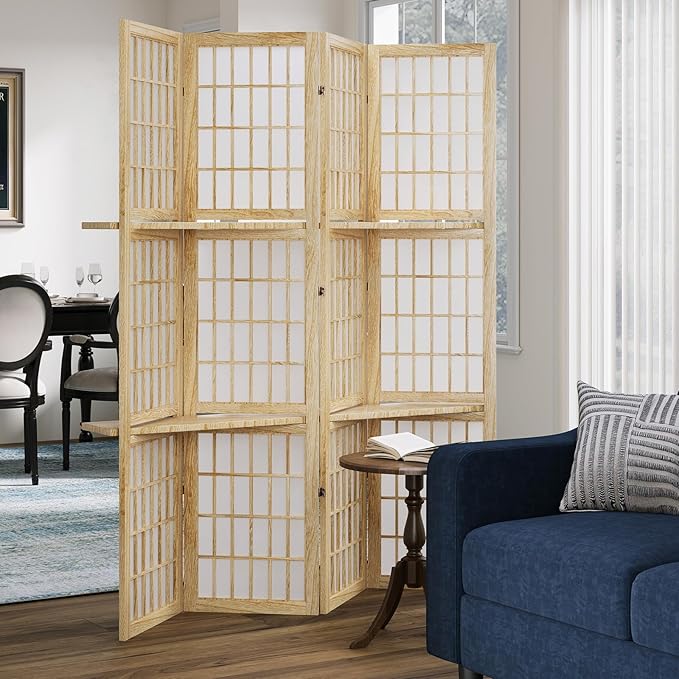 5.6FT Room Divider and Folding Portable Partition Screen, Chinese Japanese Shoji Style with Three Display Shelves for Room Separation - 4 Panel (Natural)