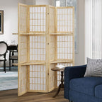 5.6FT Room Divider and Folding Portable Partition Screen, Chinese Japanese Shoji Style with Three Display Shelves for Room Separation - 4 Panel (Natural)