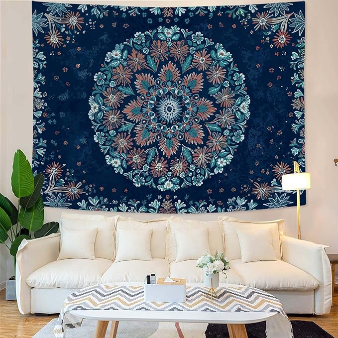 Fowocu Boho Floral Mandala Tapestry Wall Hanging Blue Bohemian Flower Medallion Tapestry Aesthetic Vintage Navy Hippie Indian Small Tapestries for Bedroom Living Room Dorm Decor 48 x 36 Inch