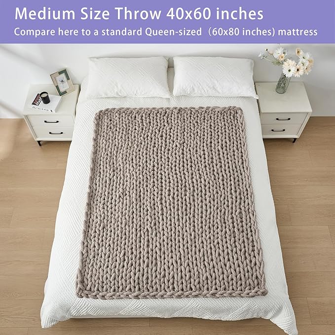 Bigacogo Chunky Knit Throw Blanket for Couch, 40x60 inches, 100% Hand Knitted with Thick Jumbo Chenille Yarn, Cozy Soft Large Rope Knot Cable Crochet Blankets for Sofa Bed Living Room, Taupe