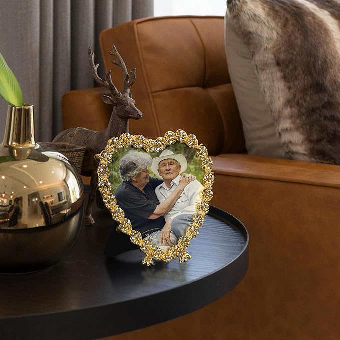 Heart Shaped Wedding Picture Frames for Couple - Beaded Crystal 4x4 Picture Frame – Engagement Gift, Wedding Gift for newlyweds - Fits 3.5x3.5 photo - Valentine Picture Frame (Golden)