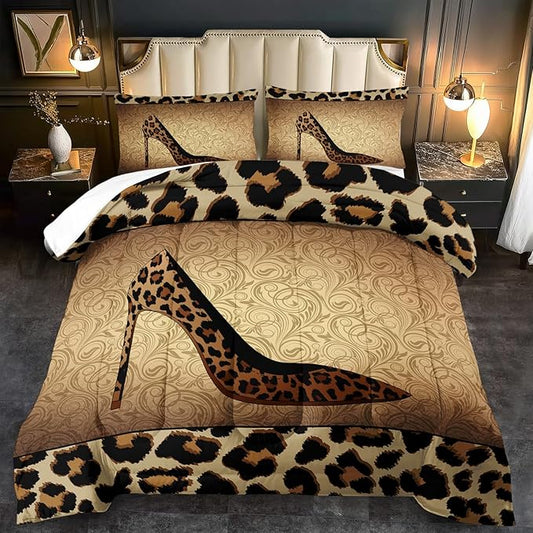 Leopard Comforter Set King Girls,Sexy High Heel Comforter for Women,Leopard Print Bedding Set King Adult,High Heel Quilt Bedroom Decor,African Animal Print Bedding Quilt