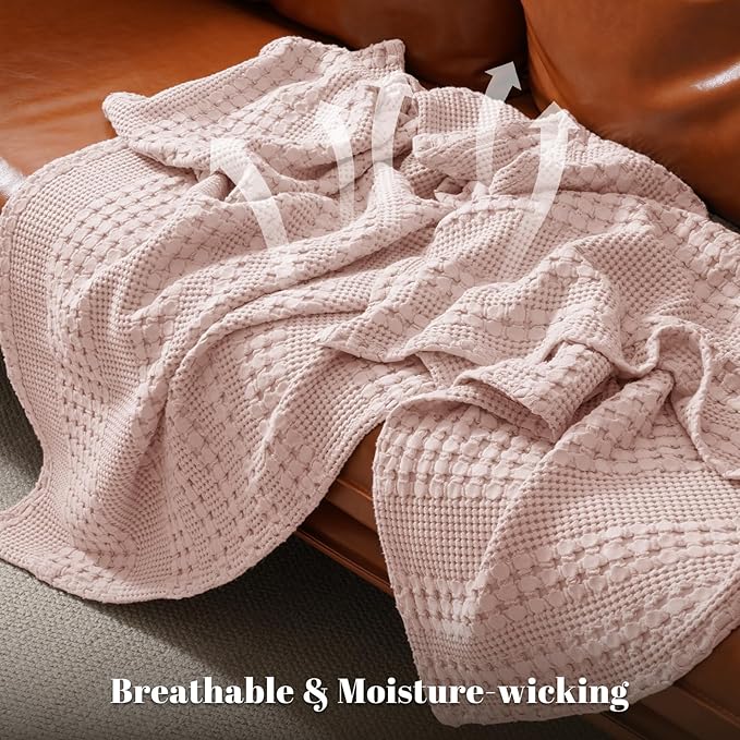 PHF 100% Cotton Waffle Weave Blanket Queen Size, Soft Lightweight Breathable Cozy Summer Blankets for Bed, Luxury Aesthetic Woven Bedding for Home Decor, 90"x90", Pink/Mauve
