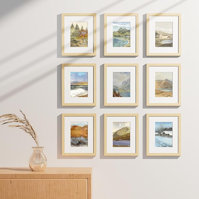 Vittanly 8x10 Picture Frames Set of 9, Shatter Resistant Plexiglass, Display 5x7 Pictures with Mat or 8x10 without Mat, Photo Frames for Wall or Tabletop, Engineered Wood, OAK