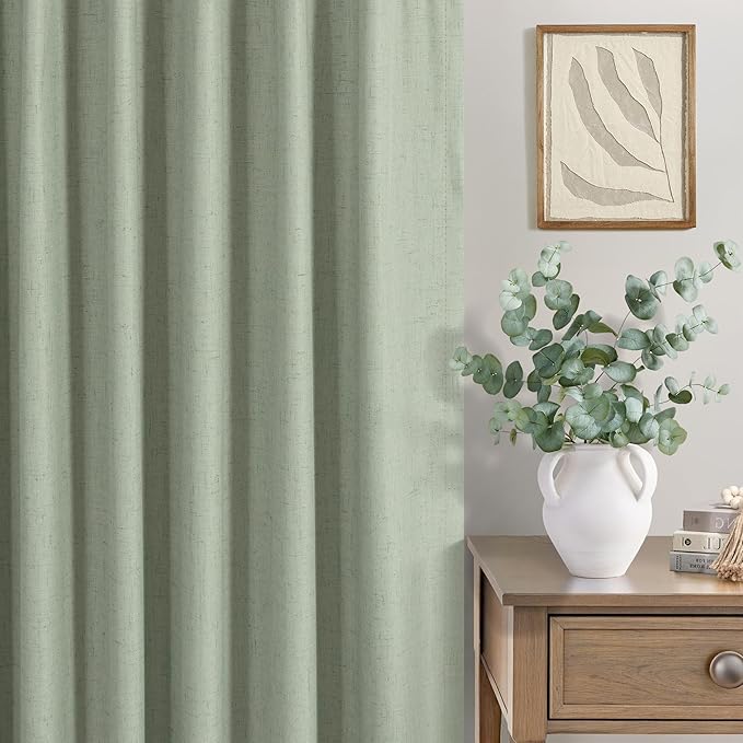 Sage Green Linen Curtains 108 Inches Long 2 Panel Set 100% Blackout Insulated Thermal Curtains for Summer Heat Blocking Light Green Drapes for Bedroom Living Room Sliding Door Rustic Country Farmhouse