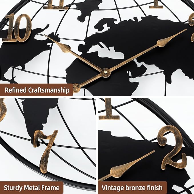 Extra Large World Map Wall Clock - 40 Inch Minimalist Modern Round Metal Silent Non-Ticking Battery Operated for Living Room Office Farmhouse Home Decor