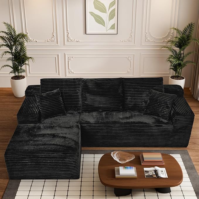 Modular Sectional Sofa Cloud Sectional Couch, 107" Comfy Fluffy L Shaped Black Couches for Living Room, Deep Seat Memory Foam Plush Corduroy Boneless Couch Sectionals with Left Facing Chaise Sofa