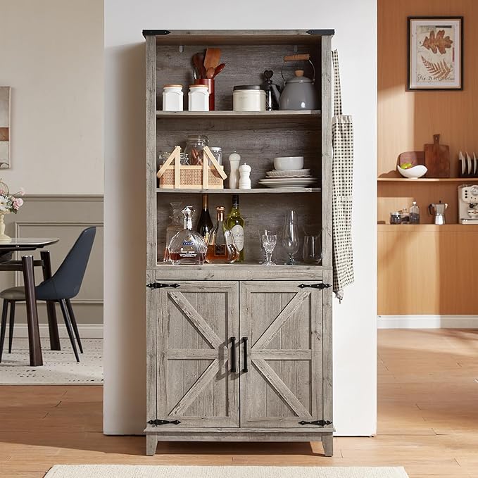 70in Tall Bookshelf 5 Tier Bookcase with Barn Doors and Adjustable Shelves, Grey Farmhouse Book Shelf with Storage Cabinet, Wood Freestanding Display Bookshelves for Bedroom, Living Room