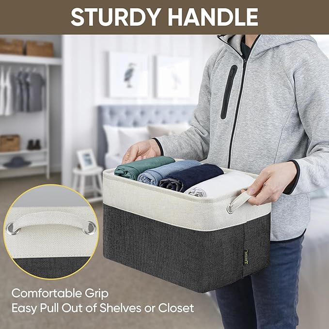 BALEINE 2 Pack Fabric Storage Bins for Shelves, Linen Storage Baskets for Organizing, Decorative Closet Bins for Clothes, Home (Black, 15"x11"x9.5")