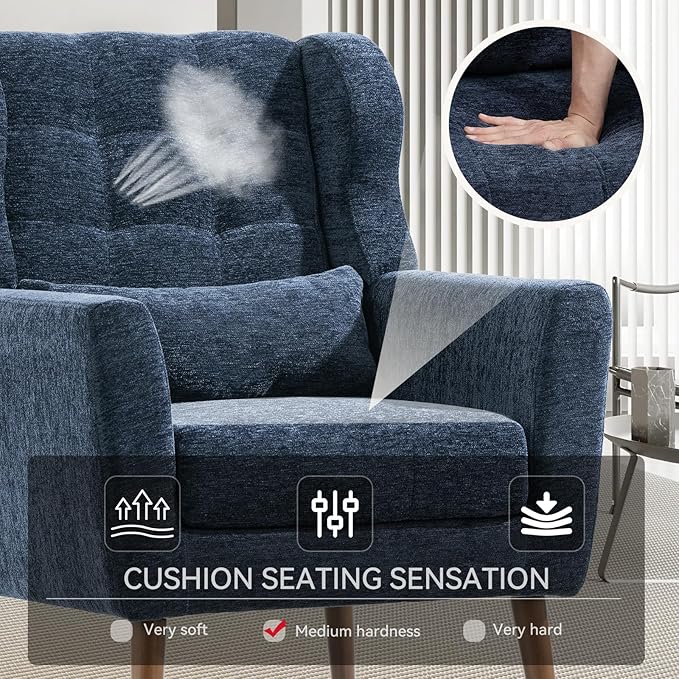 Modern Accent Chair, Upholstered Armchair with Pillow, Fabric Single Sofa Chair with Lounge Seat and Wood Legs Accent Chair for Living Room Bedroom Small Spaces (Dark Blue)