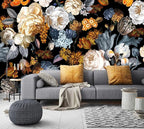 WFBHUA-Black and Gold Floral Wallpaper for Bedroom Vintage Blue Peony Flower Wall Mural (Not Peel and Stick)