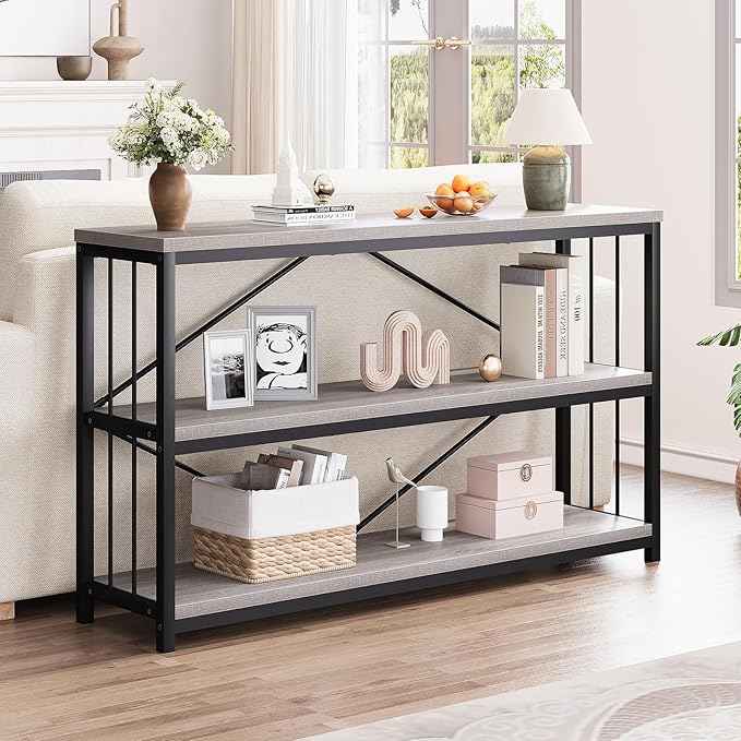 LVB Farmhouse Entryway Table, Metal Wood Console Table for Hallway, Industrial Rustic Sofa Table with 3-Tier Storage Shelf, Modern Entry Table for Foyer Front Home Living Room, Light Grey Oak, 47 inch