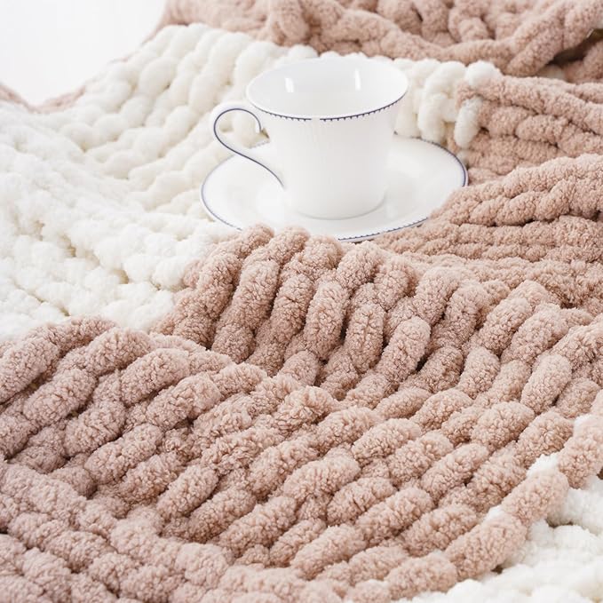 Battilo Chunky Knit Throw Blanket, Soft and Thick Chenille Throw Blanket, 50"x60" Handmade Cable Knit Crochet Blanket, Large Rope Knot Throw Blankets for Couch Sofa Bed Home Decor, Blush & White