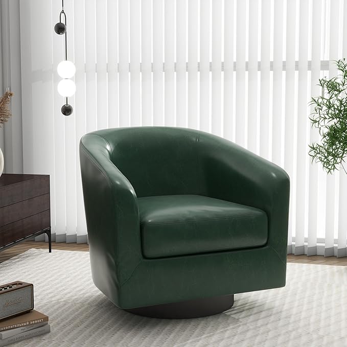 Swivel Barrel Accent Chair, Modern Round Faux Leather Arm Chair for Living Room, Bedroom, Comfy Club Reading Chairs for Adults(Faux Leather, Green, Set of 1)