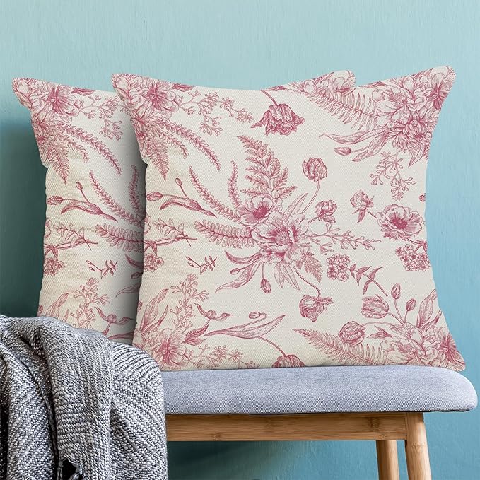 CXMEIFLY Hot Pink Spring Pillow Covers 16 x 16 Inch Set of 2 for Chinoiserie Flowers Decor Throw Pillows Floral Leaves Seasonal Plant Outdoor Decorative Cushion Cases for Couch Bed Decorations