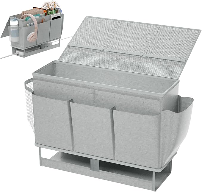 Bedside Caddy, Bed Organizer with 11 Pockets and Power Strip Holder,Versatile Bedside Storage Caddy for Home,Dorm,Bunk,Hospital,Crib Bed (Grey)
