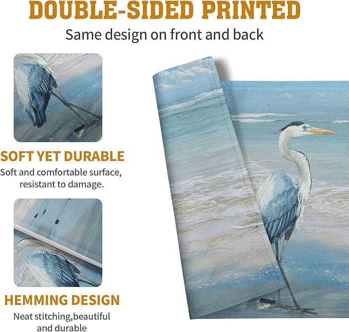 Blue Heron Placemats Set of 4 Summer Coastal Beach Pelican Placement Mats for Dining Table Nautical Ocean Bird Pattern Washable Non-Slip Heat-Resistant Linen Place Mats
