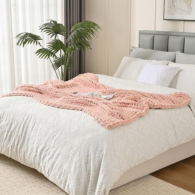 Esterra Chunky Knit Blanket Throw 60"x80", 100% Hand Knitted Chenille Throw Blanket, Cozy Soft Thick Cable Knit Throw Large Rope Knot Crochet Throw Blanket for Sofa Couch Bed, Dusty Pink