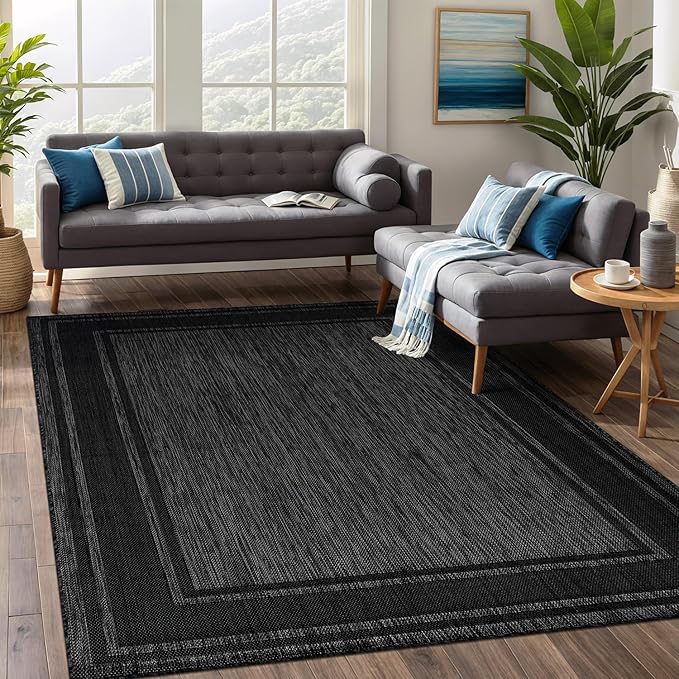 Beverly Rug Large Outdoor Rug 9x12 Modern Bordered Area Rugs for Indoor and Outdoor Patio Deck Porch Garden Waterproof Weather Sun Resistant Washable Outside Carpet (9 x 12 Black)