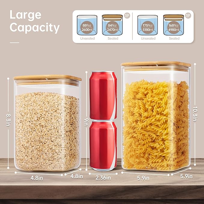 Extra Large Square Glass Flour & Sugar Storage Containers with Airtight Lids, 168 floz & 84 floz - 2 Pack Glass Jars with Bamboo Lids, Air tight Food Storage Containers for Cereal, Pasta, Rice