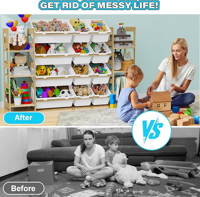Toy Storage Organizer, with 4-Tier Toy Shelf and 12 Bins, Kids Bookshelf and Toy Storage with 6 Shelves for Kids Room Bedroom Playroom Nursery Room