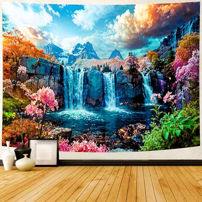 Delur Waterfall Tapestry Tropical Forest Mountain Sunset Tree Wall Hanging Tapestry Scenic Rainforest Landscape Nature Sunrise Headboard for Bedroom Living Room Home Decor (51.2" x 59.1")