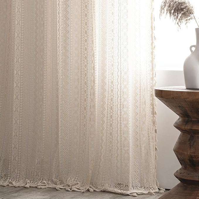 Sutuo Home Crochet Boho Curtain 84 Inches Length, Sheer Lace Handmade Tassels Knitted Window Treatment Vintage Rustic Bohemian Farmhouse Drape for Bedroom Rod Pocket 1 Panel 59" W x 84" L, Beige Wave