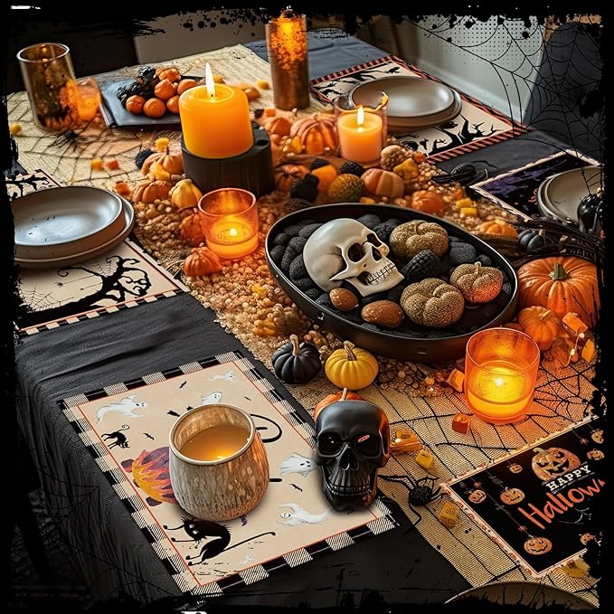 Umigy 6 Pcs Halloween Placemats 12"x18" Gothic Bat Placemats Kitchen Decoration Washable Witch Place Mats Rectangle Skull Table Mats for Halloween Dining Table Accessories(Classic)