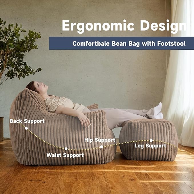 Giant Bean Bag Chairs for Adults, Oversized Chaise Lounge Chair Indoor with Memory Foam - Plush Boneless Lounger & Ottoman for Bedroom, Living Room, Gaming & Reading, Lazy Floor Sofa Chair, Khaki