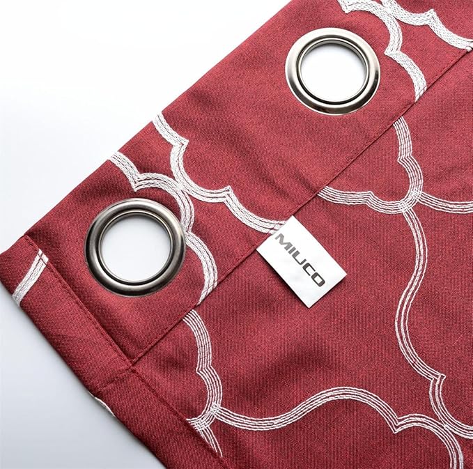 MIUCO Moroccan Embroidered Semi Sheer Curtains Faux Linen Grommet Window Curtains for Bedrooom 52 x 84 Inch 2 Panels, Burgundy