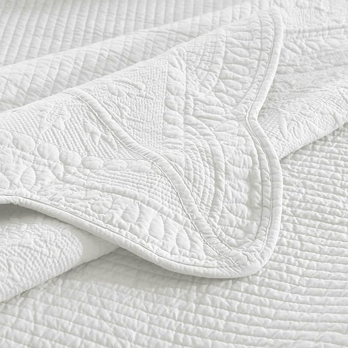 MarCielo 3-Piece 100% Cotton Oversized Bedspread Lightweight Quilt Coverlet Embroidery Farmhouse Bedding Set (TG Bright White, Oversized Queen (100"x106"))