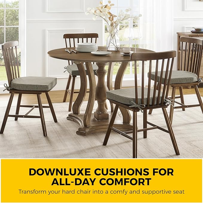 downluxe Indoor Chair Cushions for Dining Chairs, Soft and Comfortable Textured Foam Kitchen Chair Pads with Ties and Non-Slip Backing, 16" x 16" x 2", Khaki, 2 Pack