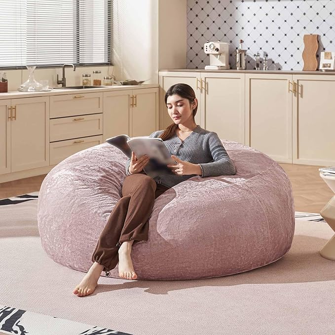 Bean Bag Chair 6Ft, Memory Foam Filled, Large Beanbag Chairs for Adults and Teens, Soft Sofa with Removable Flannel Cover, Round Couch for Living Room Bedroom College Dorm (Pink, 6FT-67×67"×24")