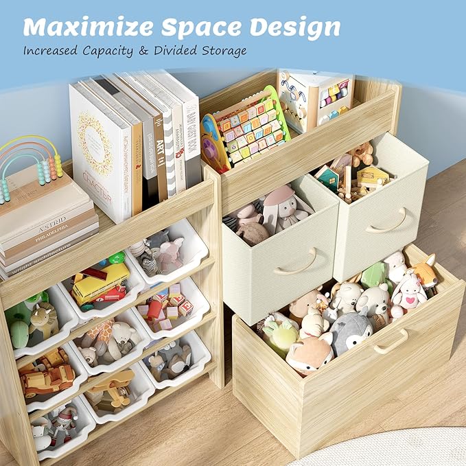Toy Storage Organizer for Kids, 9-Bin Toy Organizer with 2-Drawers,Movable Toy Chest and Top Rack, Multifunctional Kids Bookshelf and Toy Storage for Living Room, Playroom, Nursery, White