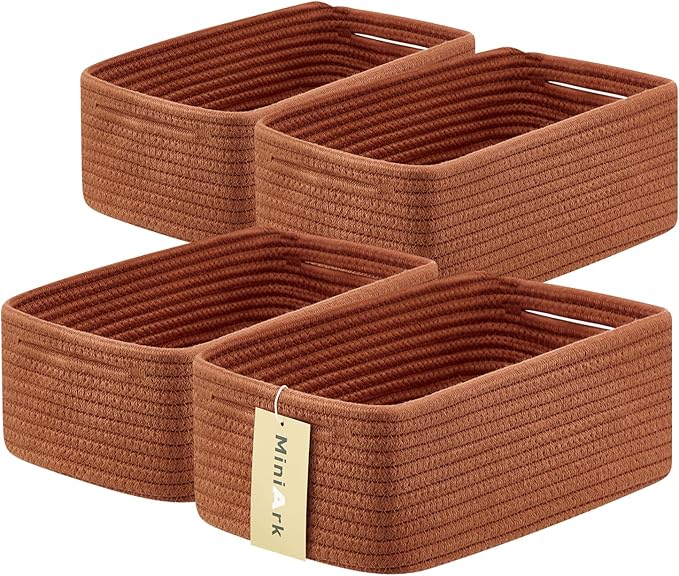 Small Storage Baskets for Organizing | Closet Organizer Bins | Shelf Toy Basket | Woven Rope Baskets | Cube Decorative Box | Shallow Basket | 13x8.5x5.1” | 4 Packs Oxide Red