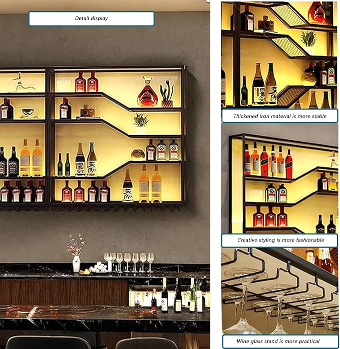 105in Large Wall Mounted Wine Rack with LED Light, 5-Tiers Liquor Bottles Display Shelf with Glasses Holder, Metal Home Bar Shelves with Iron Frame for Kitchen Dining Room (Black, 105in/8.72ft)