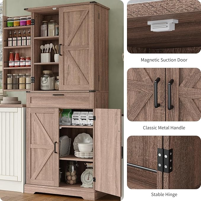 72'' Kitchen Storage Pantry Cabinet, Tall Storage Cabinet with 8 Door Shelves, 2 Cabinets and 1 Drawer, Freestanding Cupboard for Kitchen, Dining Room, Bathroom, Laundry, Living Room, Espresso