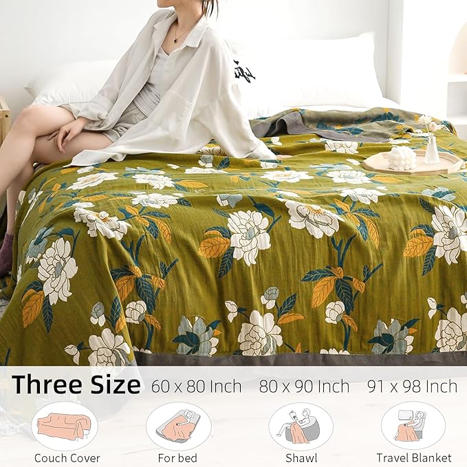 Boho Throw Blanket for Bed - 100% Pure Cotton Ultra Soft Rustic Quilt - Farmhouse Decor Bed Blankets, All Season Rustic Throw for Sofa Couch Chair(80''x 90'', Flower Branch)