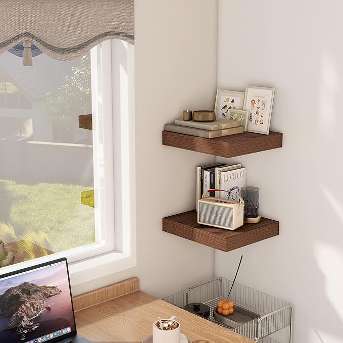 Fun Memories 12 Inch Floating Shelf, Rustic Wood Wall Shelves for Wall Decor & Storage, 12 x 12 Floating Shelf for Living Room, Bathroom, Bedroom, Walnut, Set of 2