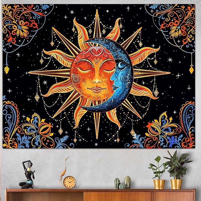 Lunerfex Sun and Moon Tapestry Mandala Wall Tapestry, Cute Tapestries for Bedroom Ceiling Tapestries Wall Hanging for Bedroom Living Room Decor Sun-1 70"x90"