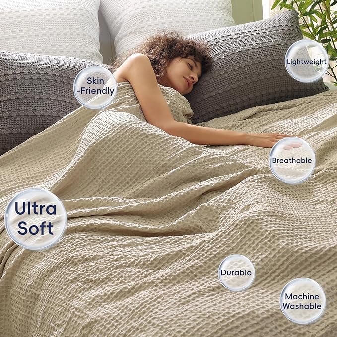 PHF Ultra Soft Waffle Weave Throw Blanket 50"x 60"- Washed Lightweight Breathable Cozy Woven Blanket for Bed - Aesthetic Decor for Couch Bedding Sofa Home Car - Khaki