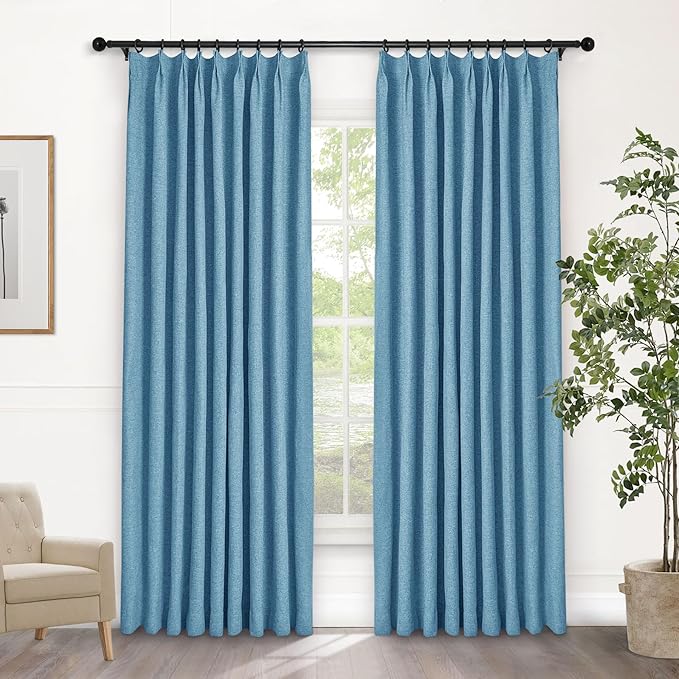 Macochico Pinch Pleated Blackout Curtains 102 Inches Long 100% Blackout Natural Linen Drapes for Bedroom Living Room Windows Farmhouse Burlap Curtains with Tieback 52”Wx102”L Blue 1 Panel