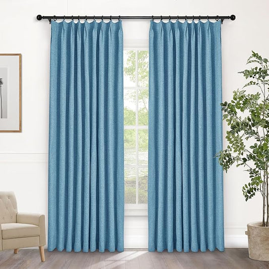 Macochico Blue 100% Blackout Linen Curtains 96 Inches Long Pinch Pleated Curtains for Bedroom Living Room Nursery Farmhouse Insulated Sound Reducing Drapery with Tieback 84”Wx96”L 1 Panel