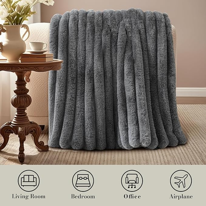 Amélie Home Faux Fur Throw Blanket for Couch, Ultra Cozy Fuzzy Fluffy Fur Luxurious Soft Striped Plush Gift Blankets for Family Sofa Chair Bed Living Room Bedroom, 55"x70", Ionic Wolf Gray