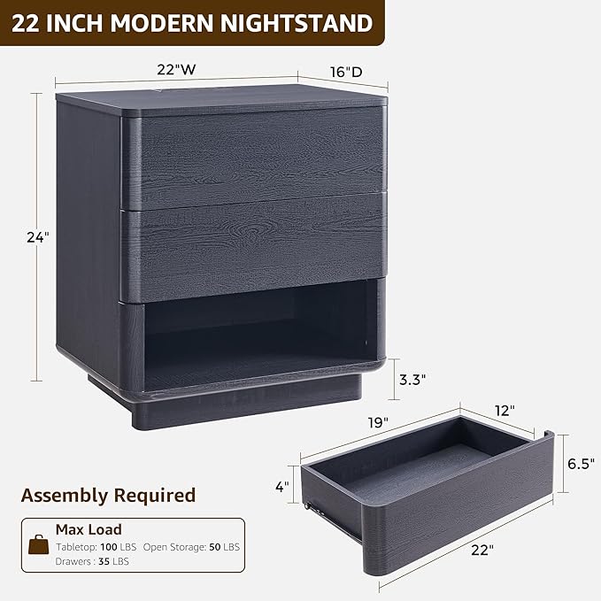 Nightstand with Charging Station, 22" Push-to-Open Bedside Table with 2 Storage Drawers, Large Modern End Table for Bedroom,Black
