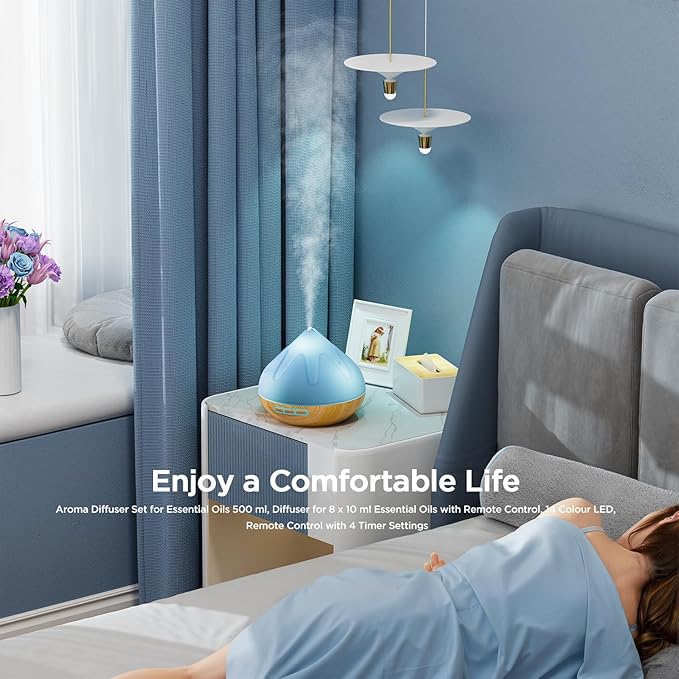 Aroma Diffuser with Essential Oils Set, 500 ML Essential Oil Diffuser with Remote Control, Humidifier with 14 Color Lights for Large Room, 4 Timer Setting, Auto Shut-Off